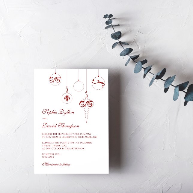 Jul Bauble Ornaments Winter Red Bröllop Inbjudningar (Christmas Baubles Wedding Invitation - Berry Red Winter Wedding)