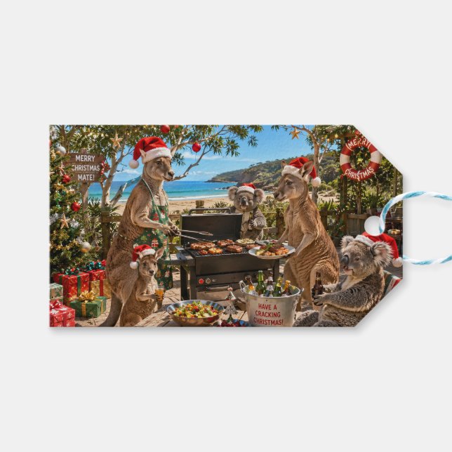 Jul BBQ vid havet med kängurus och koalor Presentetikett (Framsidan (Horisontell))