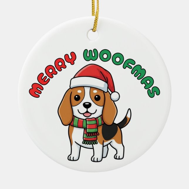 Jul Beagle Ornament: Merry Woofmas Julgransprydnad Keramik (Framsidan)