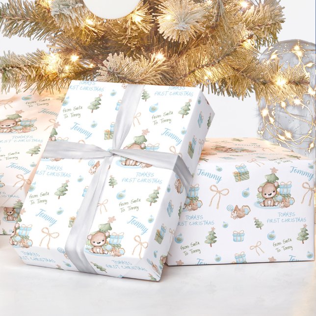 Jul - Bear Boy Namn Text Jul Presentpapper (Christmas Bear Boy Name Text Christmas Wrapping Paper)