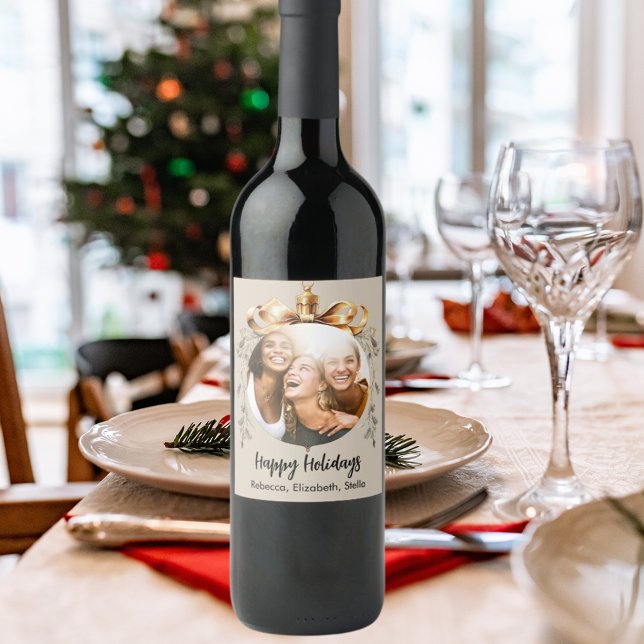 Jul beige guld bauble vänner foto fest vinflaska etikett (Skapare uppladdad)