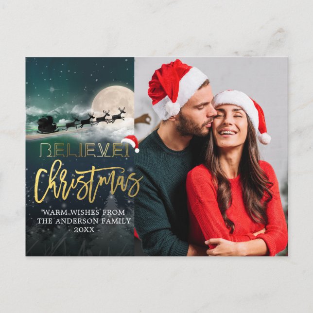 Jul BELIEVE Reindeer Sleigh Santa Hat Photo Helg Vykort (Framsida)