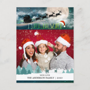 Jul BELIEVE Reindeer Sleigh Santa Hat Photo Helg Vykort