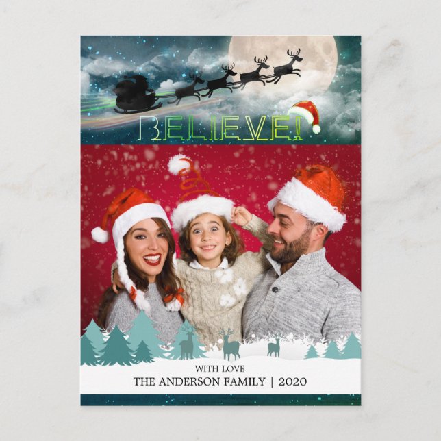 Jul BELIEVE Reindeer Sleigh Santa Hat Photo Helg Vykort (Framsida)