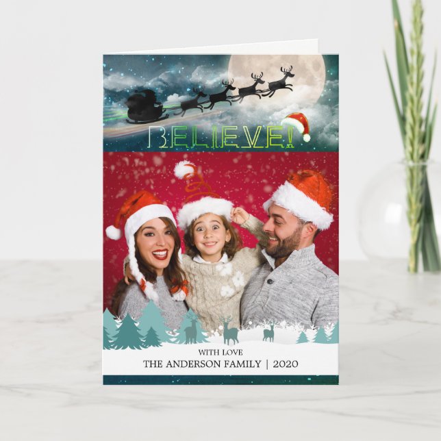 Jul BELIEVE Reindeer Sleigh Santa Hat Photo Helgkort (Framsida)