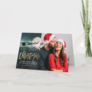 Jul BELIEVE Reindeer Sleigh Santa Hat Photo Helgkort