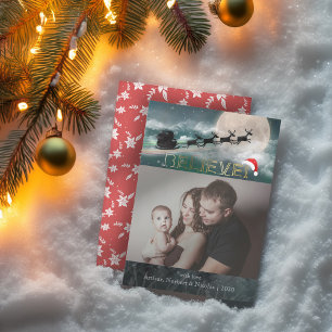 Jul BELIEVE Reindeer Sleigh Santa Hat Photo Julkort