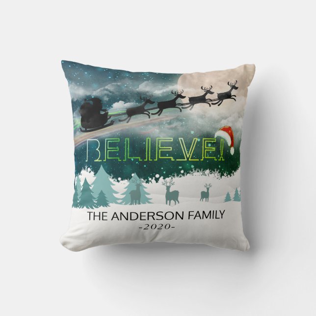 Jul BELIEVE Reindeer Sleigh Santa Hat Photo Kudde (Framsida)