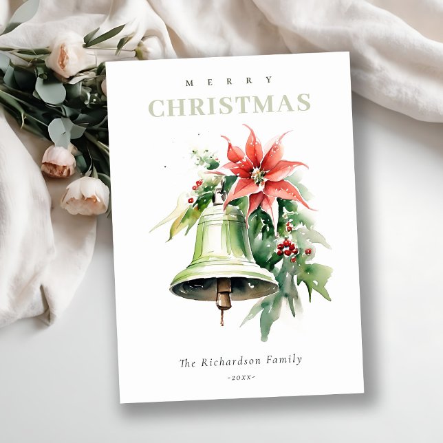 Jul Bell Gräs Poinsettia Foliage Watercolor Julkort (Skapare uppladdad)