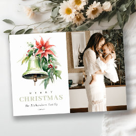 Jul Bell Gräs Poinsettia Watercolor Photo Julkort