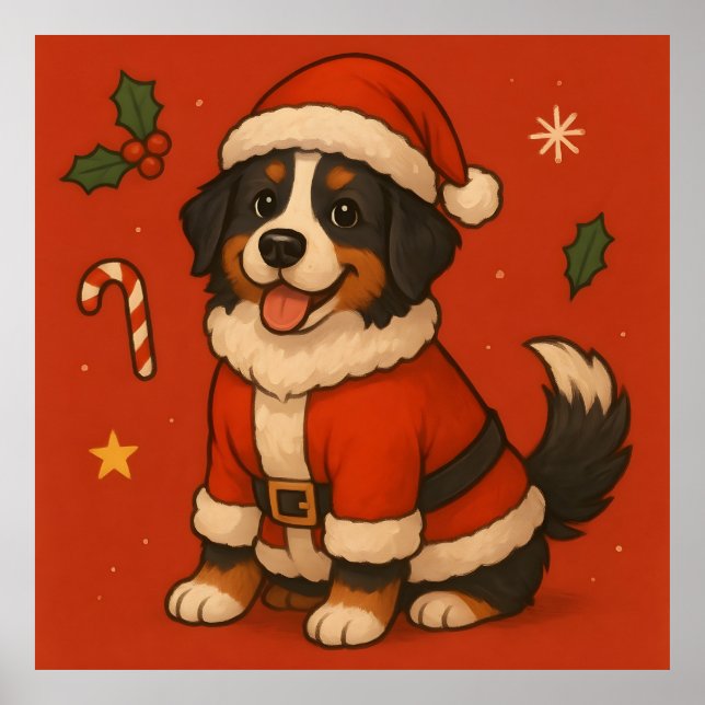 Jul Bernese Hund Xmas Tomte Bernese Mountain Poster (Framsidan)
