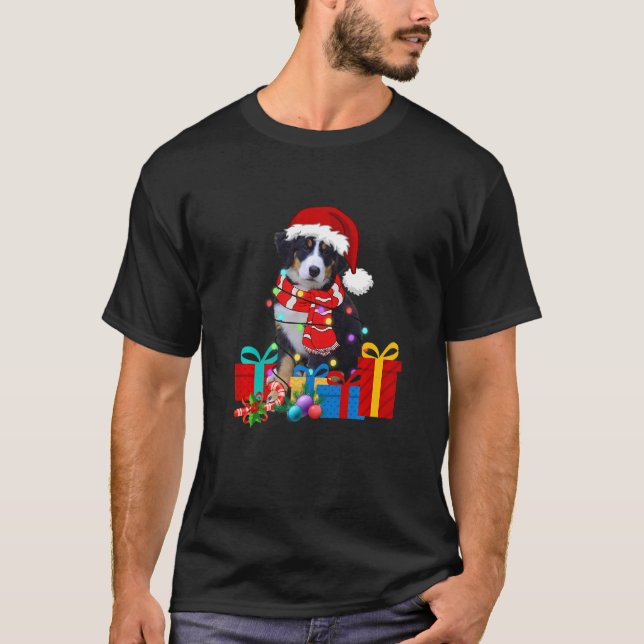 Jul Bernese Mountain Hund Julafton Ljus Santa H T Shirt (Framsida)