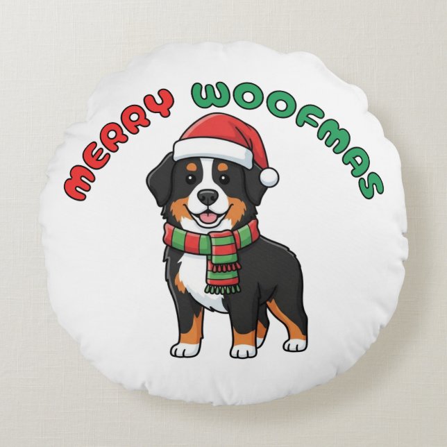 Jul Bernese Mountain Hund: Merry Woofmas Rund Kudde (Framsidan)