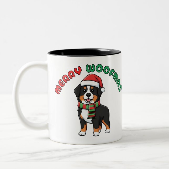 Jul Bernese Mountain Hund Mugg: Merry Woofmas Två-Tonad Mugg (Vänster)