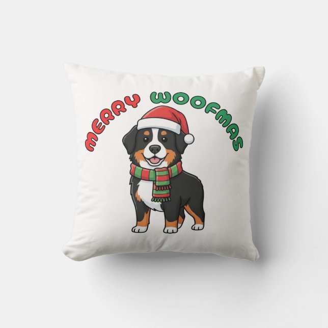 Jul Bernese Mountain Pillow: Merry Woofm Kudde (Framsida)