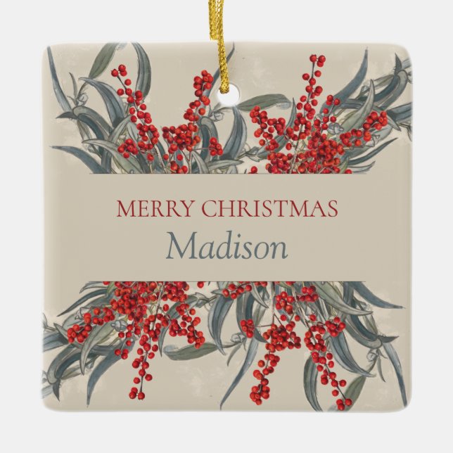 Jul Berries & Eucalyptus Botaniskt blad Julgransprydnad Keramik (Framsida)