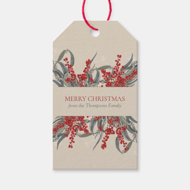 Jul Berries & Eucalyptus Botaniskt blad Presentetikett (Framsidan)