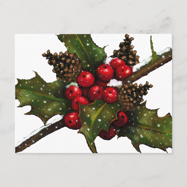 Jul: Berries, Holly, Gräs Cones: Art Helg Vykort (Framsida)
