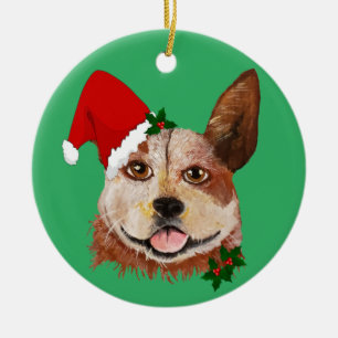 Jul Big Öga Grönt Cattle Hund Santa Hat Julgransprydnad Keramik