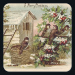 jul Bird Holly Snö Ladder Harvest Fyrkantigt Klistermärke<br><div class="desc">Dags att fira helgdagarna. Denna årgång i julklapp skildrar processaa för att skörda holly. Det har också julfåglar.</div>