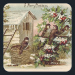 jul Bird Holly Snö Ladder Harvest Fyrkantigt Klistermärke<br><div class="desc">Dags att fira helgdagarna. Denna årgång i julklapp skildrar processaa för att skörda holly. Det har också julfåglar.</div>