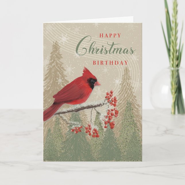 Jul Birthday Kardinal Winter Träd Berries Kort (Framsida)