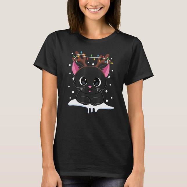 Jul Black Cat Reindeer Antlers Catmas Kvinnor T Shirt (Framsida)