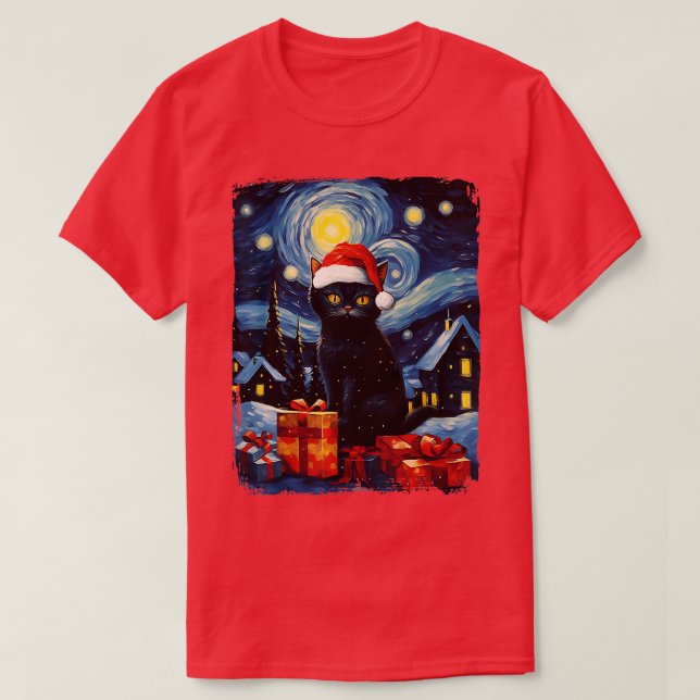 Jul Black Cat Starry Night Van Gogh Retro Ca T Shirt (Design framsida)