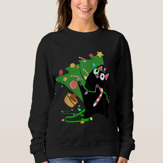 Jul Black Cat Zoomies knackar över julafton träd k T Shirt (Framsida)