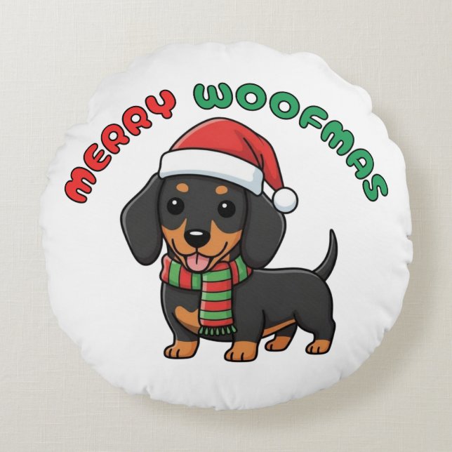 Jul Black Dachshund: Merry Woofmas Rund Kudde (Framsidan)