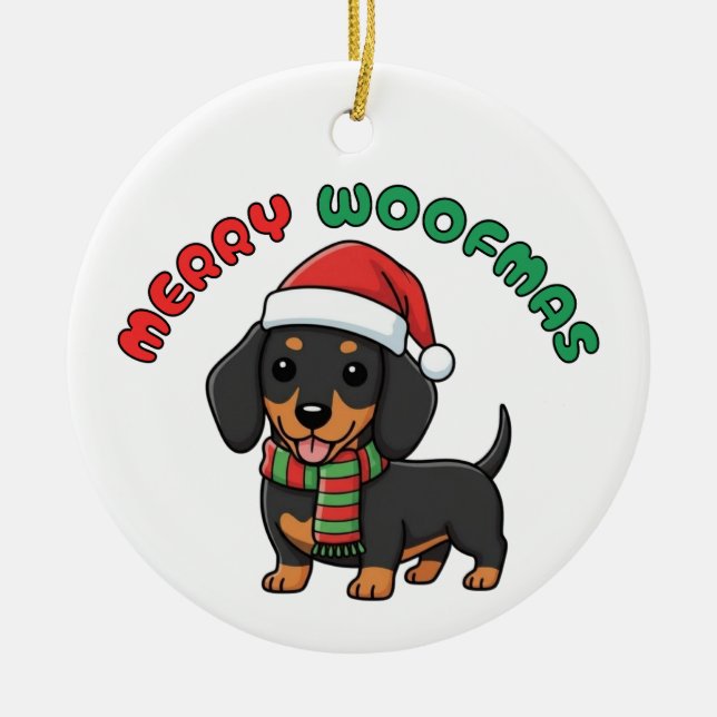 Jul Black Dachshund Ornament: Merry Woofmas Julgransprydnad Keramik (Framsidan)