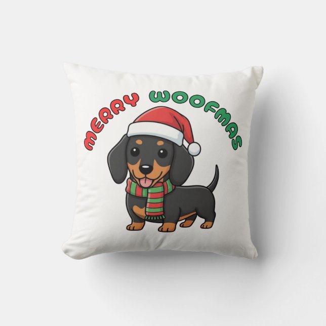 Jul Black Dachshund Pillow: Merry Woofmas Kudde (Framsida)