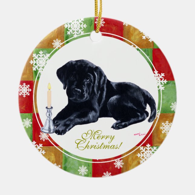 Jul Black Labrador Puppy Mosaic Julgransprydnad Keramik (Framsidan)