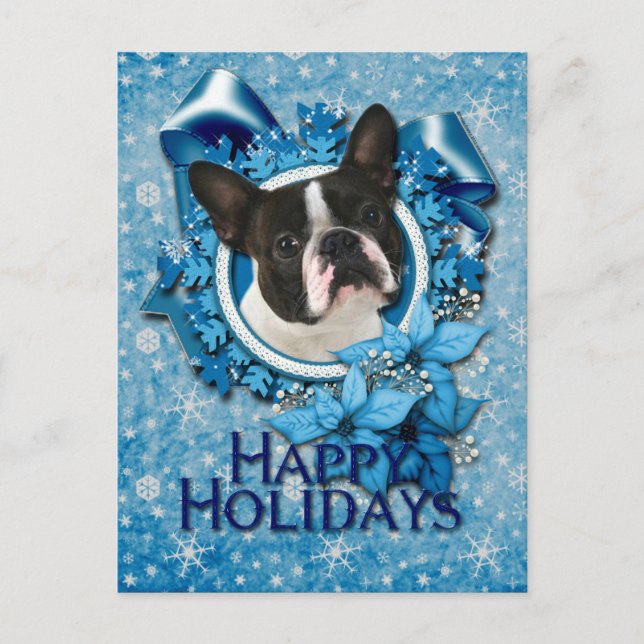 Jul - blåttsnöflingor - Boston Terrier Helg Vykort (Framsida)
