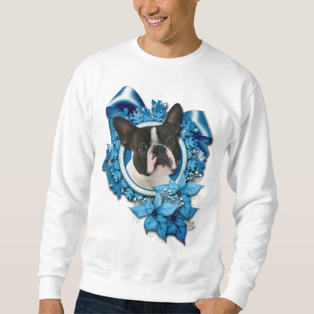 Jul - blåttsnöflingor - Boston Terrier Sweatshirt (Framsida)