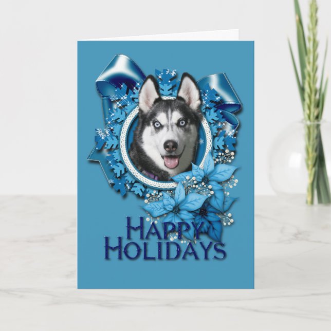 Jul - blåttsnöflingor - siberian husky helgkort (Framsida)