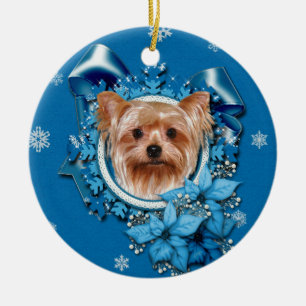 Jul - blåttsnöflingor - Yorkshire Terrier Julgransprydnad Keramik