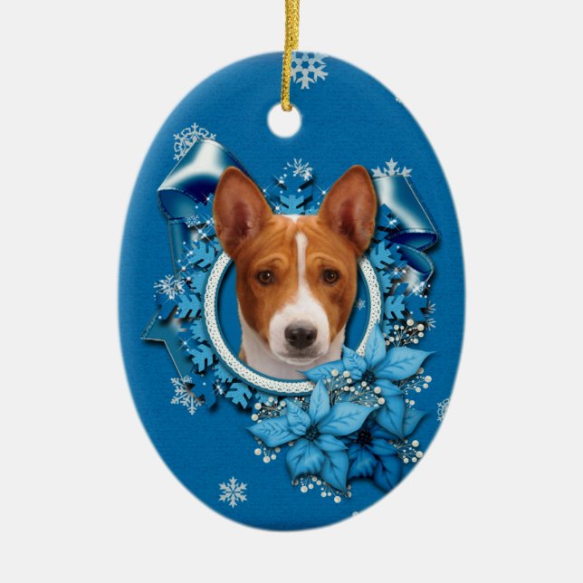 Jul - blåttSnowflake - Basenji Julgransprydnad Keramik (Framsidan)