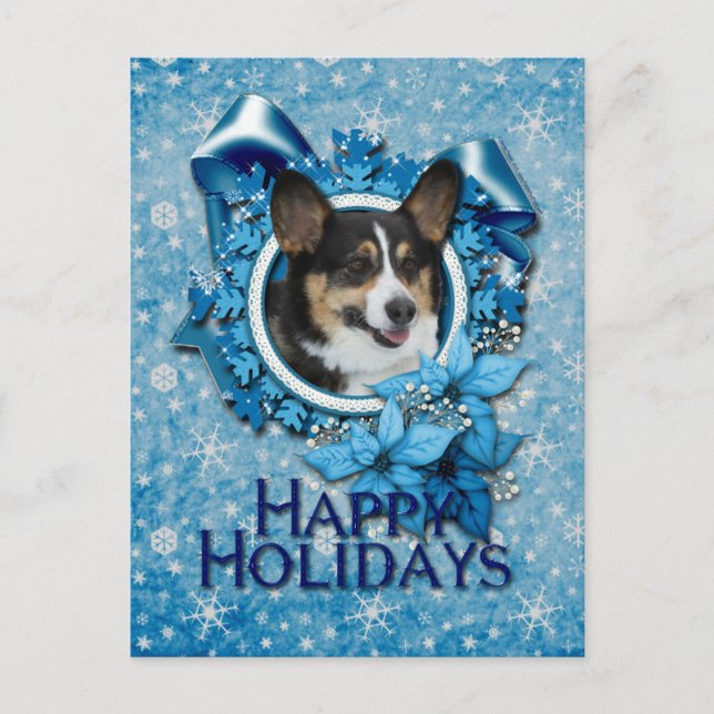 Jul - blåttSnowflake - Corgi Helg Vykort (Framsida)