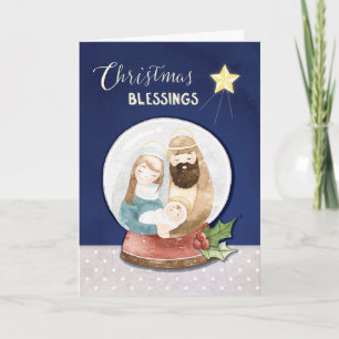 Jul Blessen Snö Globe Heliga Family med stjärnor Kort