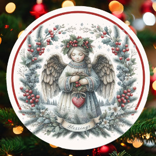 Jul Blessings Angel Grönt Gräs Red Berries Runt Klistermärke