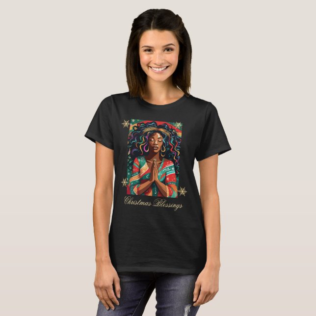 Jul Blessings Black Woman Praying T Shirt (Hel framsida)