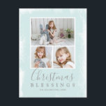 Jul Blessings Pastel Grönt Photo Collage Helg Vykort<br><div class="desc">Skicka helgdag hälsning med det här enkla och moderna julvykortet med en fotokollage med tre av dina favoritfoton från familjen över en mint grönt struktur-bakgrund med religiösa hälsning,  "julvälsignelser" tillsammans med din familj namn och året. Baksidan har ditt personliga meddelande och din returadress för enkel utskick.</div>