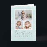 Jul Blessings Pastel Grönt Photo Collage Helgkort<br><div class="desc">Skicka helgdag gladare med det här enkla och moderna, vikta julkortet som innehåller ett fotokollage med tre av dina favoritfoton från familjen över en mint grönt struktur-bakgrund med religiösa hälsning, "julvälsignelse" tillsammans med din familj namn och året om. Lägg till ditt personliga meddelande i insidan eller ta bort texten om...</div>