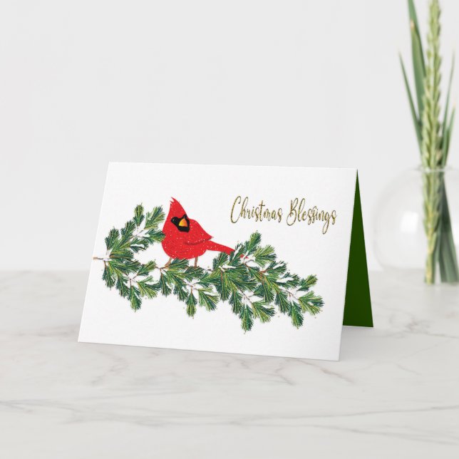 Jul Blessings Red Cardinal på Gräs Gren Helgkort (Framsida)