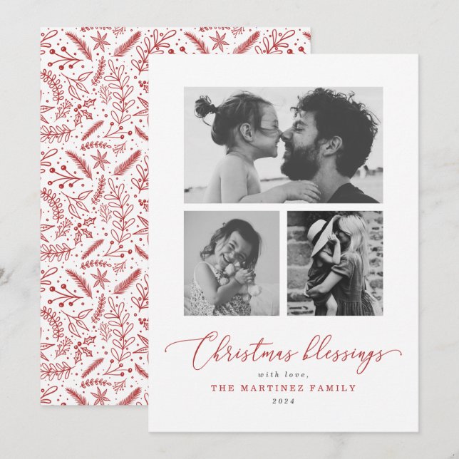 Jul Blessings Red Script Många Photo Julkort (Fram/baksida)