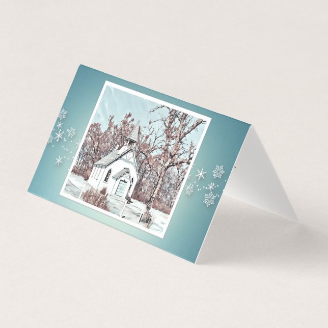 Jul Blessings - Snowy Church - Turquise Kort (Framsida)