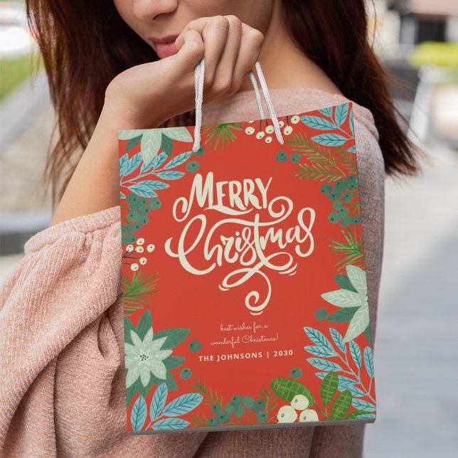 Jul Blommig Röd Jul Högtid (Christmas Floral Red Christmas Holiday Medium Gift Bag)