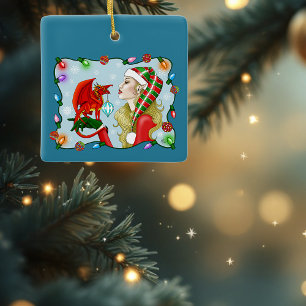 Jul Blonde Elf Red Dragon Fantasy Julgransprydnad Keramik