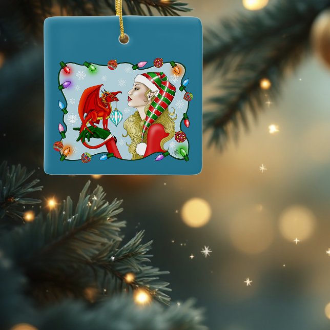 Jul Blonde Elf Red Dragon Fantasy Julgransprydnad Keramik (Skapare uppladdad)